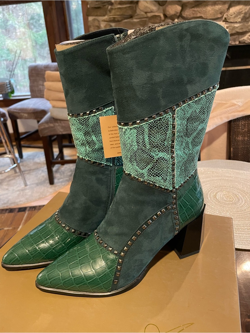 Women's Green Mixed-Texture Mid-Calf Boots- Azura